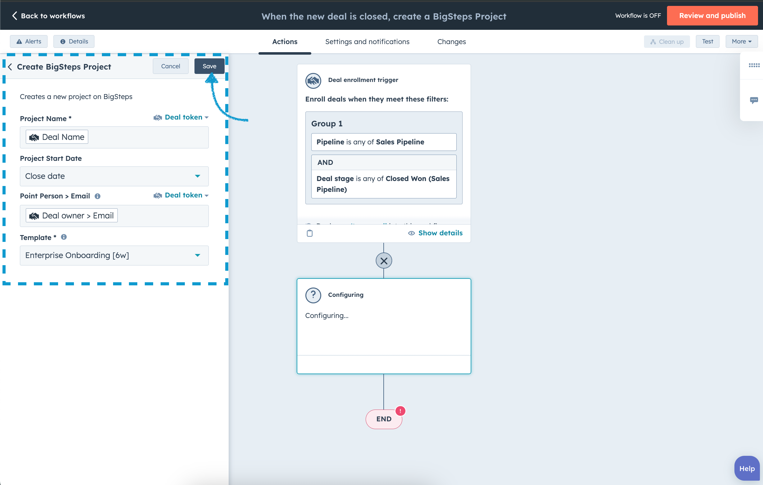HubSpot Workflow to create BigSteps project when a sales deal is closed